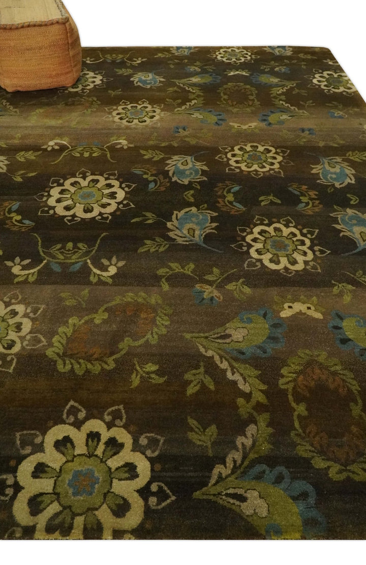 Traditional Floral Green, Beige, Brown and Teal Fine Hand knotted wool Area Rug - The Rug Decor