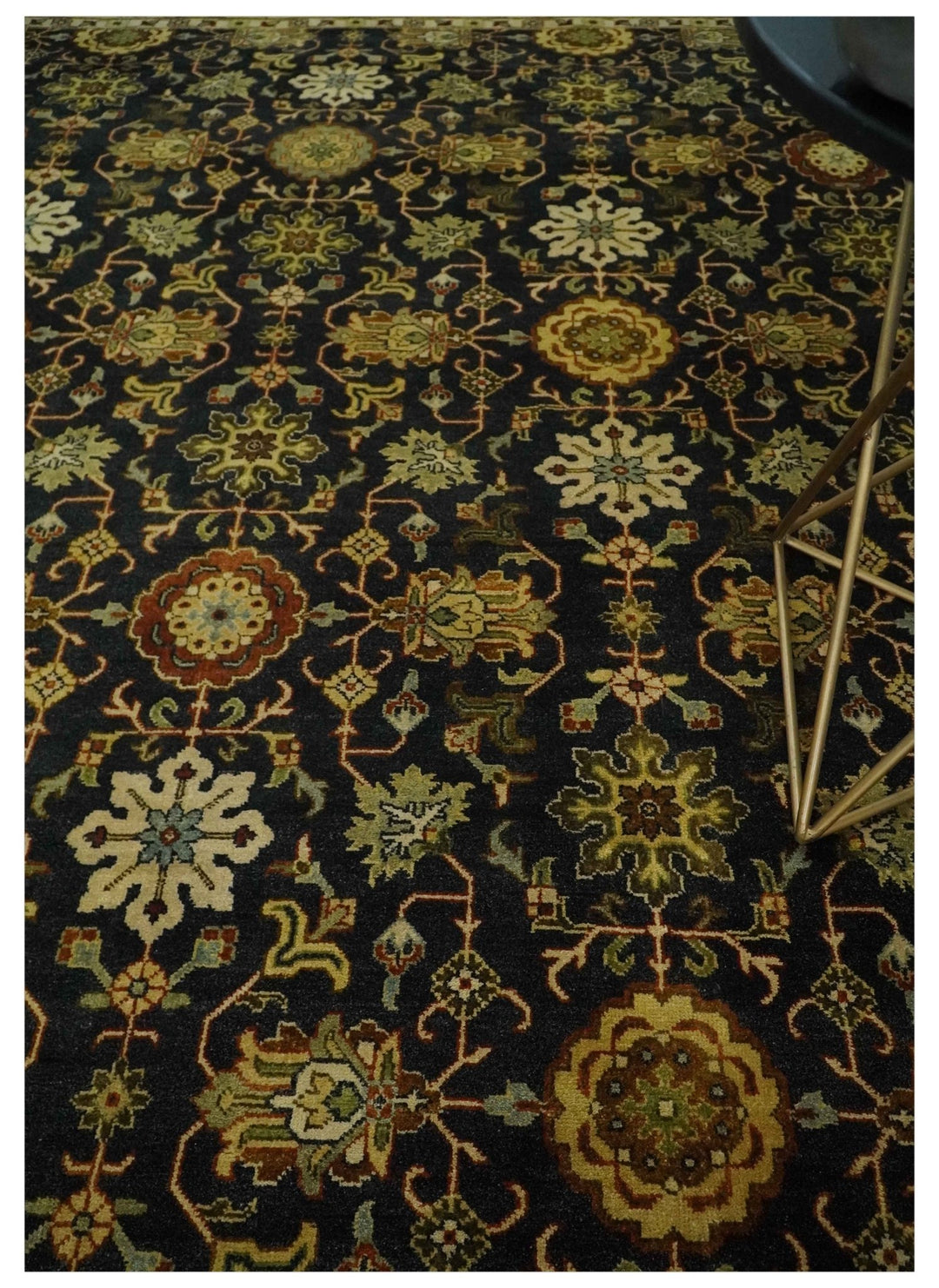 Traditional Floral Vintage Style Black and Olive Hand knotted 8x10 wool area Rug - The Rug Decor