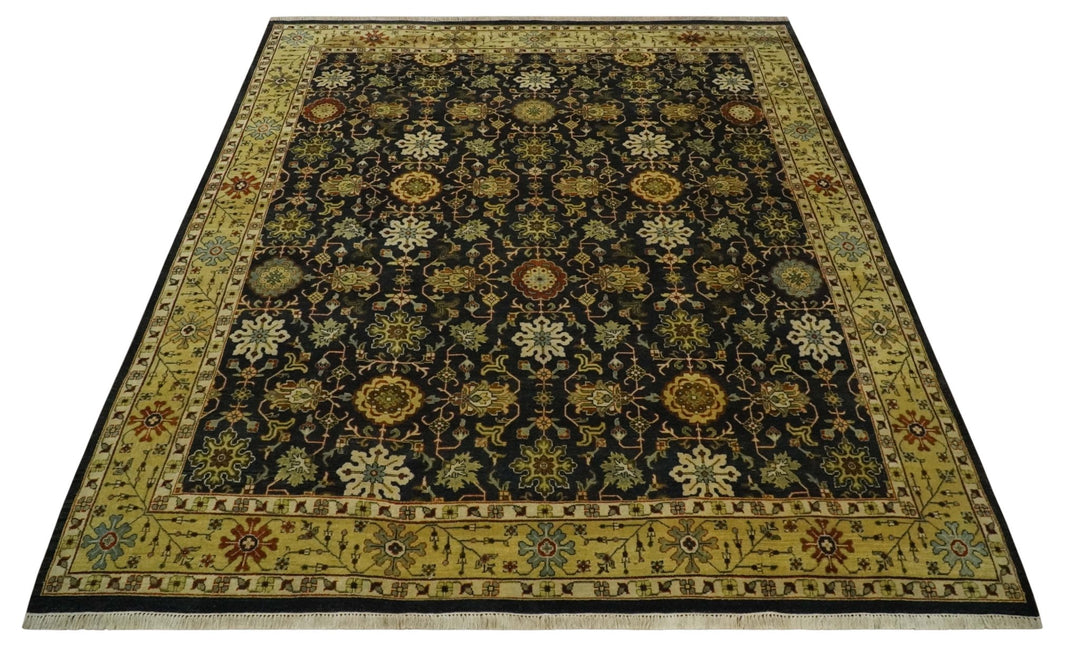 Traditional Floral Vintage Style Black and Olive Hand knotted 8x10 wool area Rug - The Rug Decor