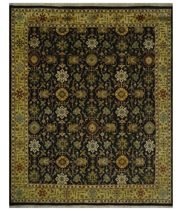 Traditional Floral Vintage Style Black and Olive Hand knotted 8x10 wool area Rug - The Rug Decor
