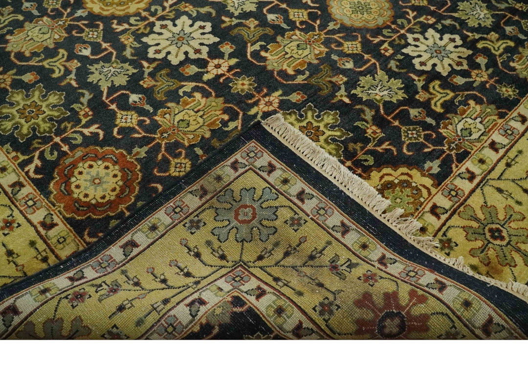 Traditional Floral Vintage Style Black and Olive Hand knotted 8x10 wool area Rug - The Rug Decor