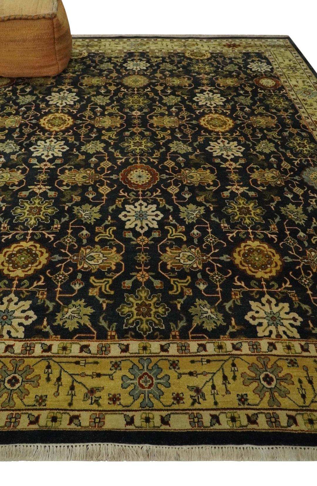 Traditional Floral Vintage Style Black and Olive Hand knotted 8x10 wool area Rug - The Rug Decor
