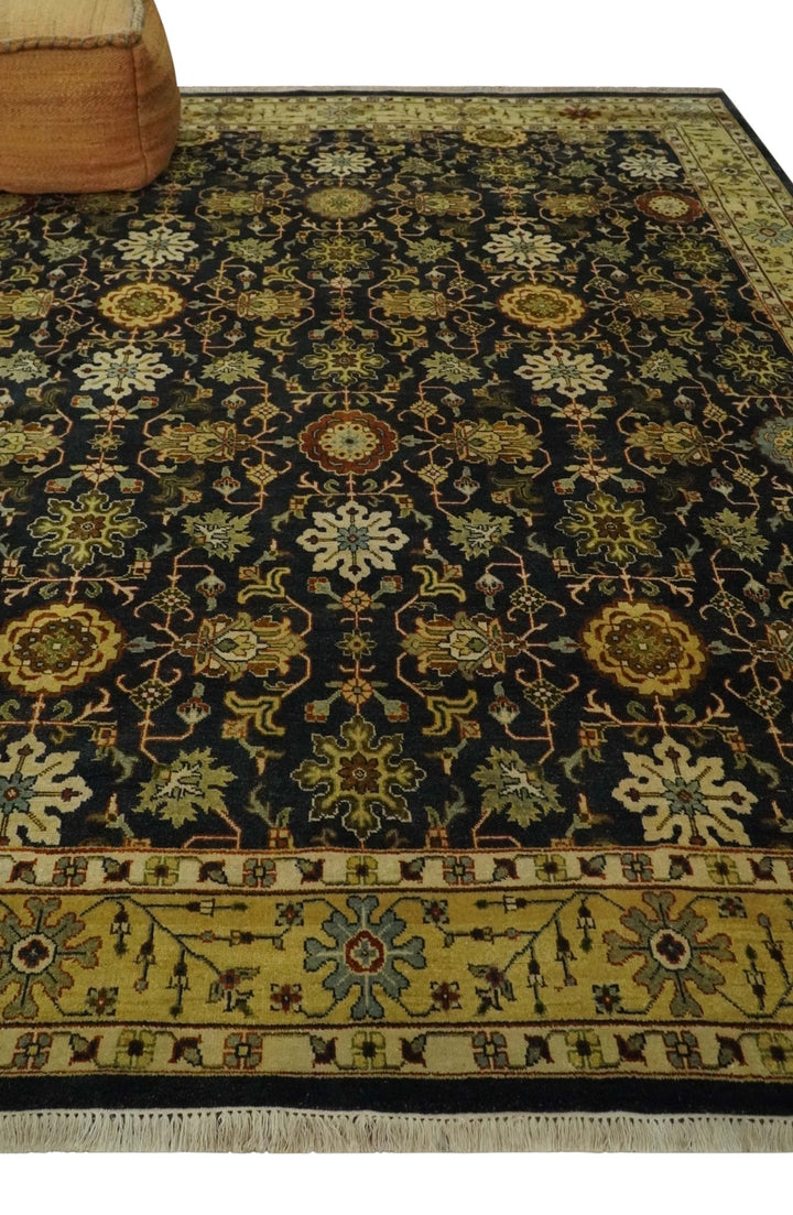 Traditional Floral Vintage Style Black and Olive Hand knotted 8x10 wool area Rug - The Rug Decor