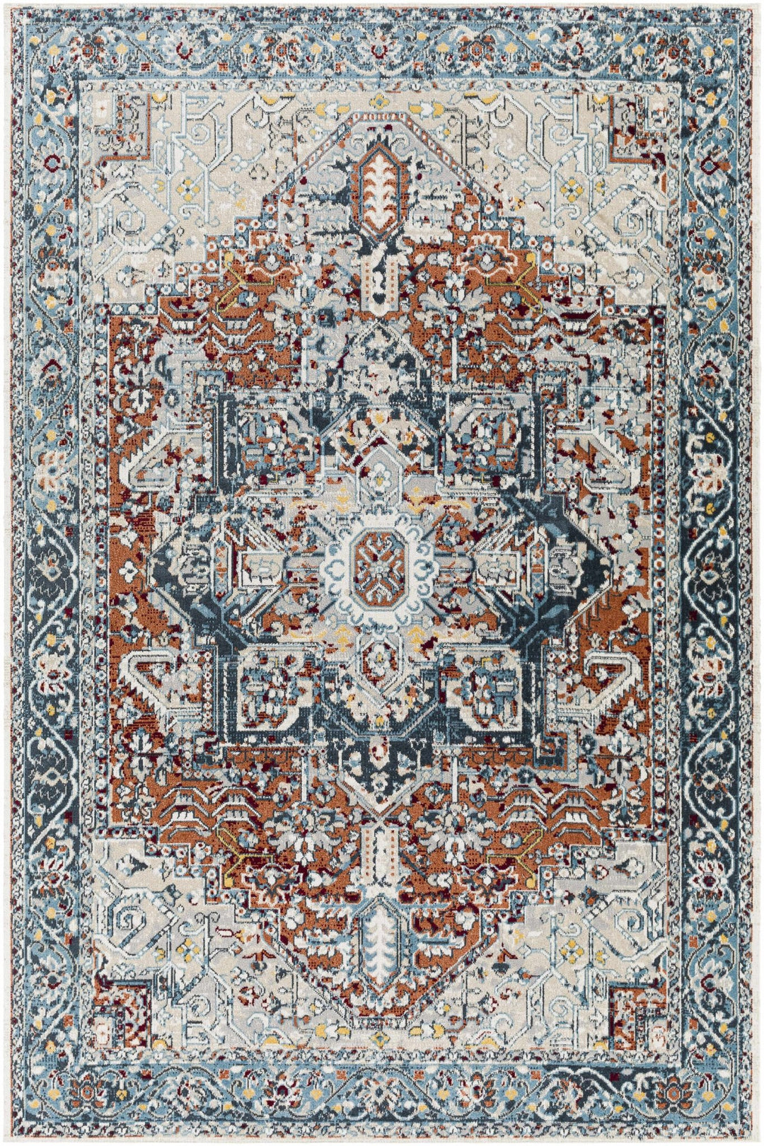 Traditional Floral Vintage Style Blue, Rust, Beige and Ivory Washable Rug - The Rug Decor