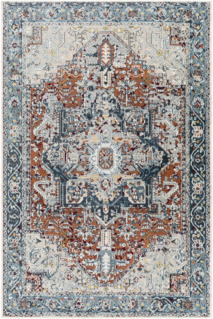 Traditional Floral Vintage Style Blue, Rust, Beige and Ivory Washable Rug - The Rug Decor