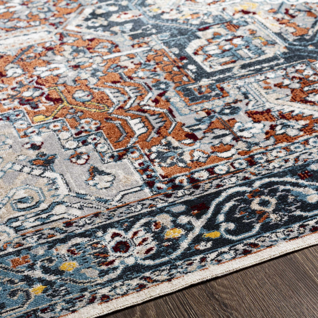 Traditional Floral Vintage Style Blue, Rust, Beige and Ivory Washable Rug - The Rug Decor