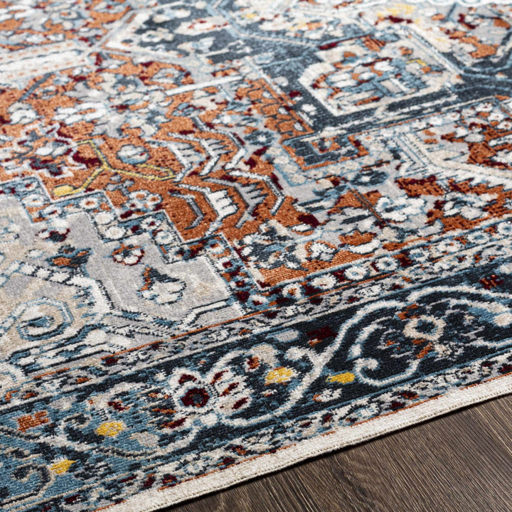 Traditional Floral Vintage Style Blue, Rust, Beige and Ivory Washable Rug - The Rug Decor