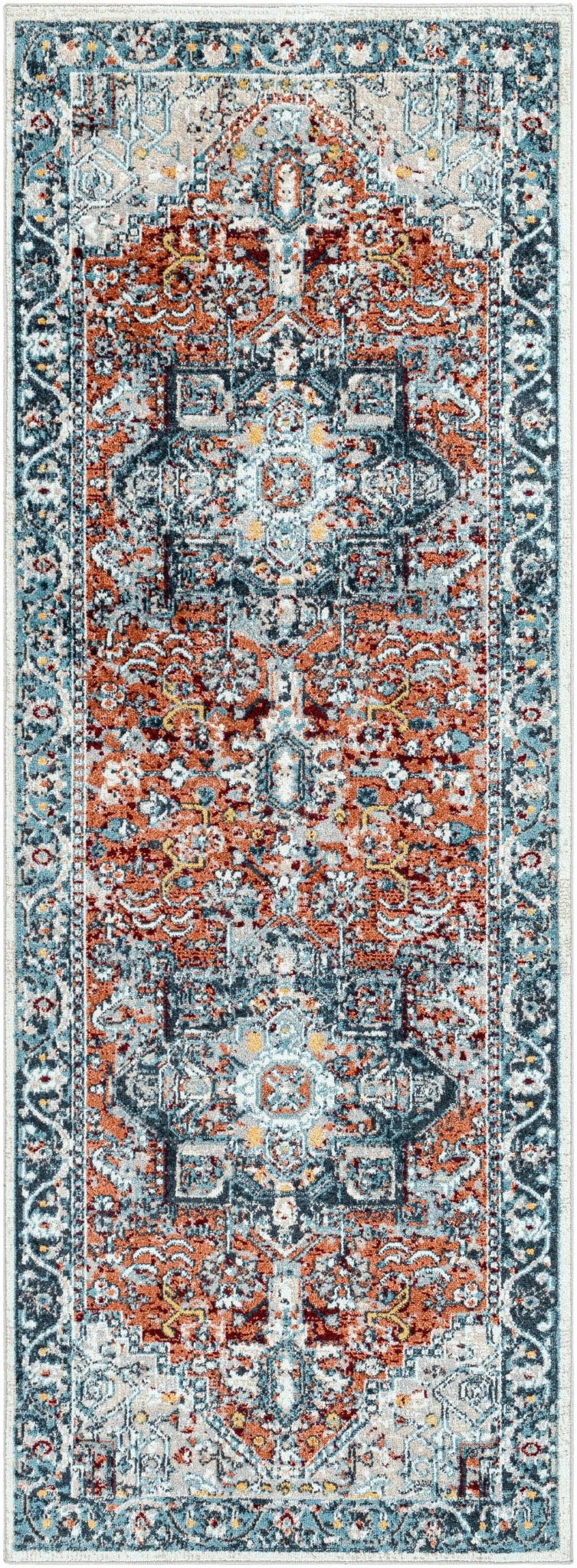 Traditional Floral Vintage Style Blue, Rust, Beige and Ivory Washable Rug - The Rug Decor