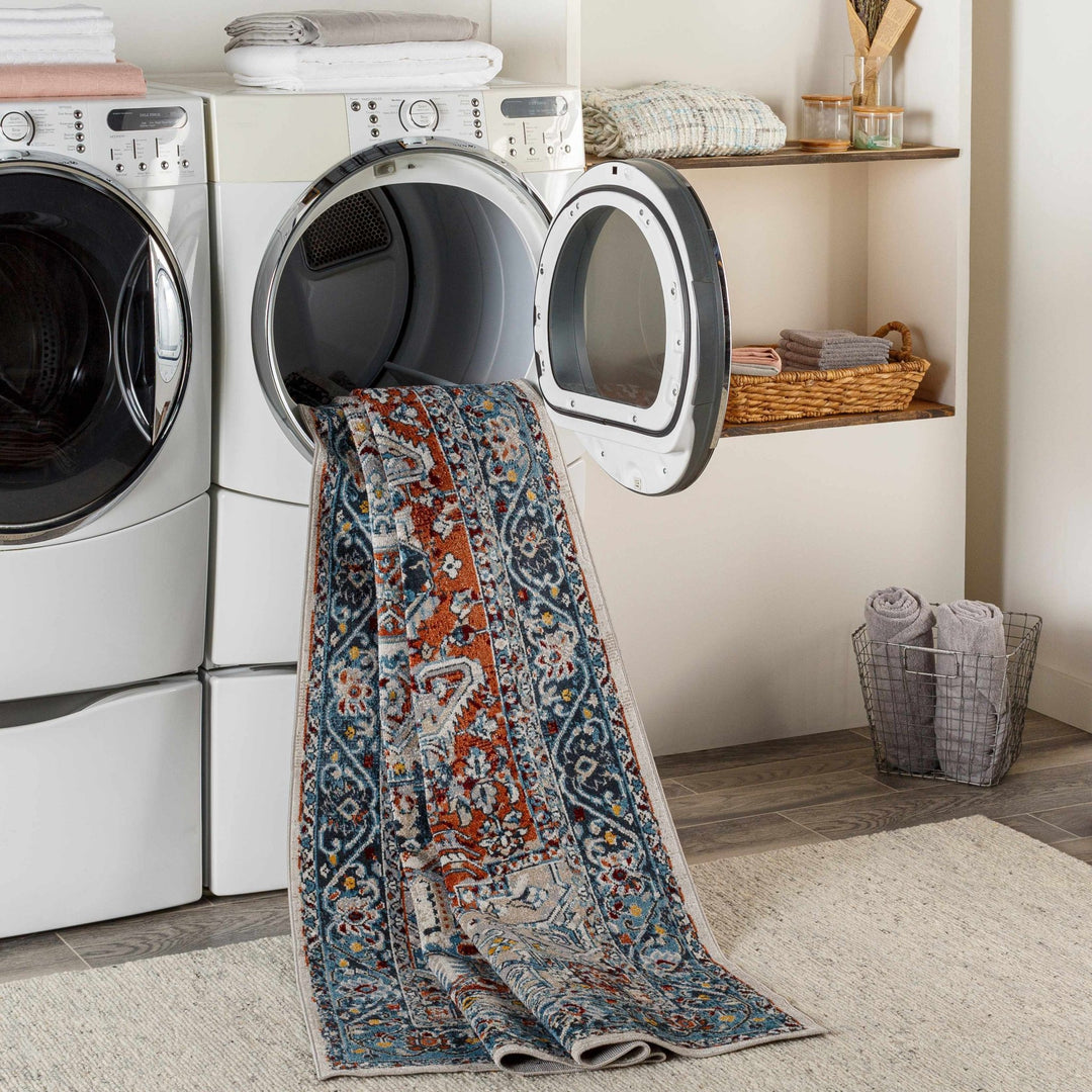 Traditional Floral Vintage Style Blue, Rust, Beige and Ivory Washable Rug - The Rug Decor