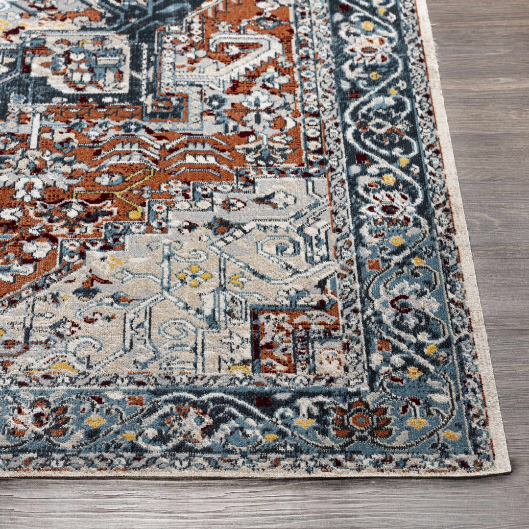 Traditional Floral Vintage Style Blue, Rust, Beige and Ivory Washable Rug - The Rug Decor
