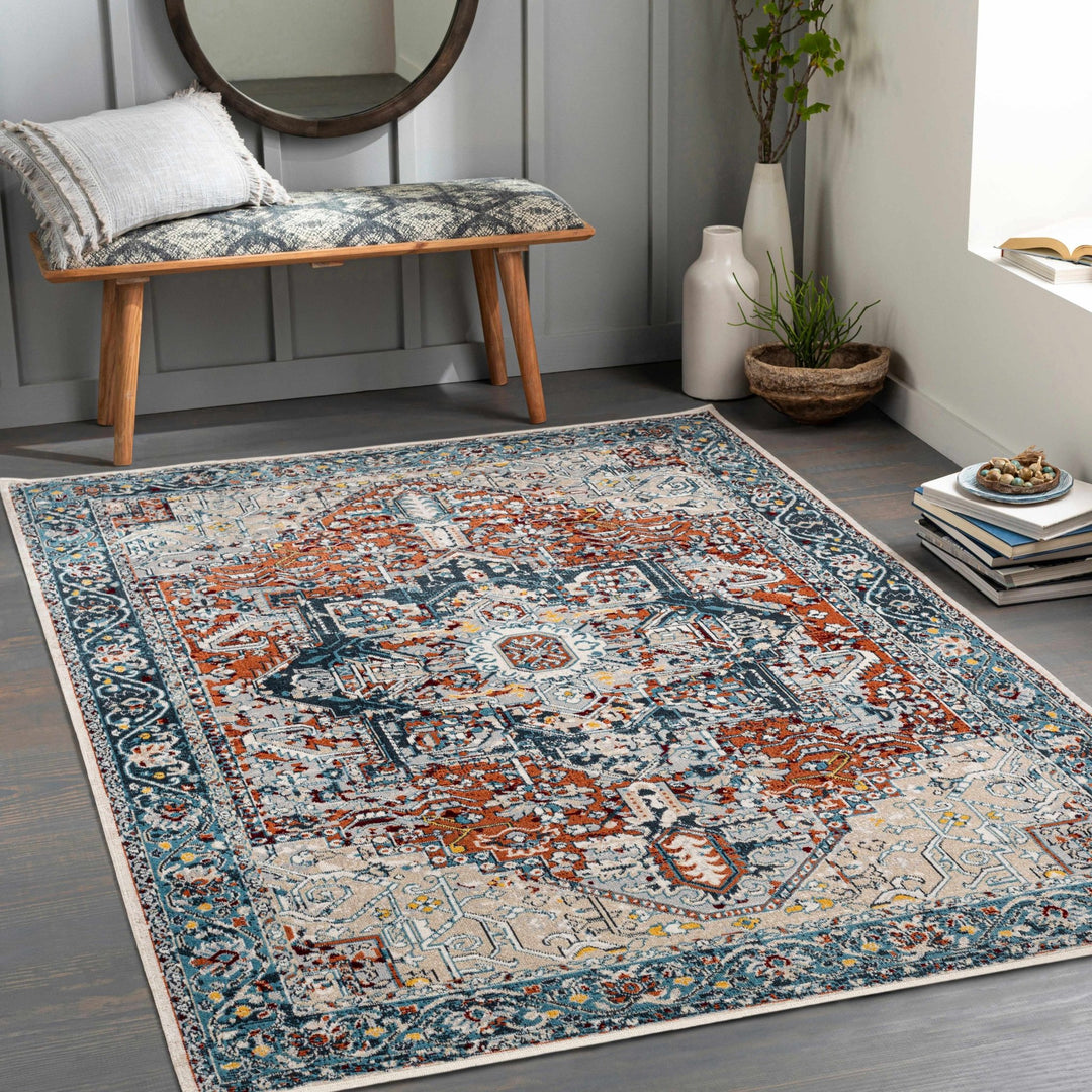 Traditional Floral Vintage Style Blue, Rust, Beige and Ivory Washable Rug - The Rug Decor