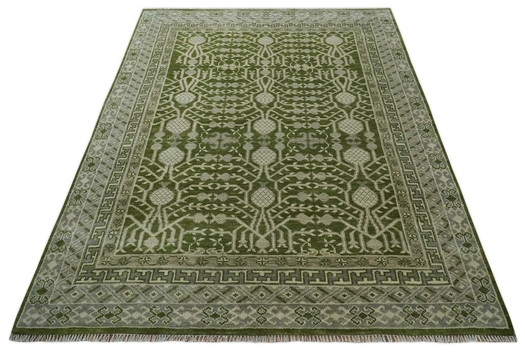 Traditional Hand knotted Royal Green and Ivory Turkish Design wool Area Rug - The Rug Decor