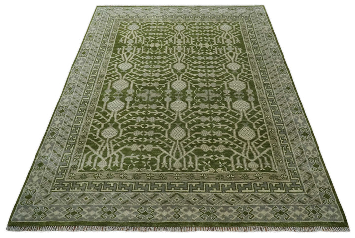 Traditional Hand knotted Royal Green and Ivory Turkish Design wool Area Rug - The Rug Decor
