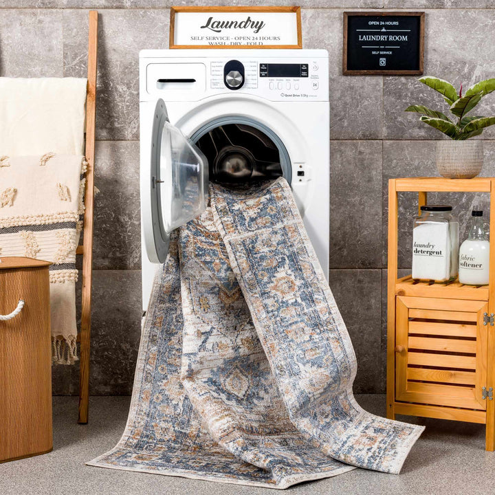 Traditional Heriz Charcoal, Ivory and Camel Medallion Washable area Rug - The Rug Decor