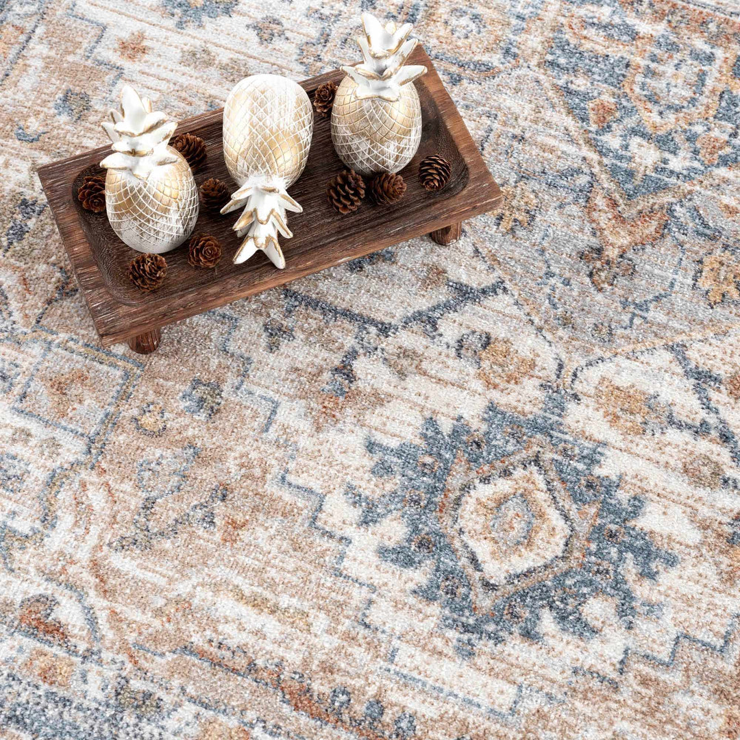 Traditional Heriz Charcoal, Ivory and Camel Medallion Washable area Rug - The Rug Decor