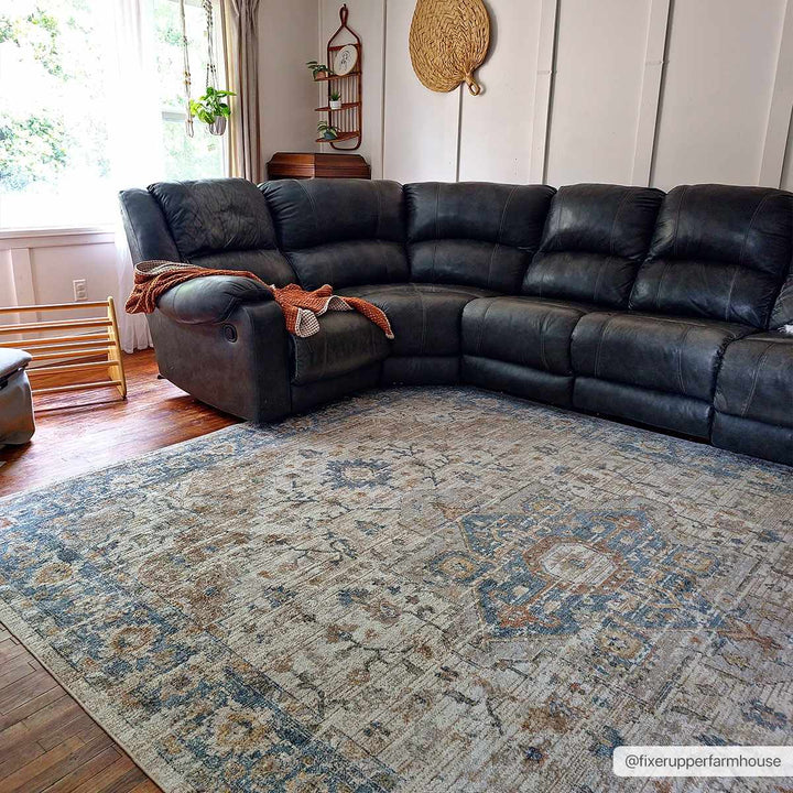 Traditional Heriz Charcoal, Ivory and Camel Medallion Washable area Rug - The Rug Decor