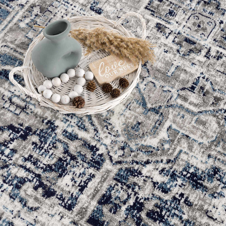 Traditional Heriz Design Blue, Gray and Ivory Jute Backing Area Rug - The Rug Decor