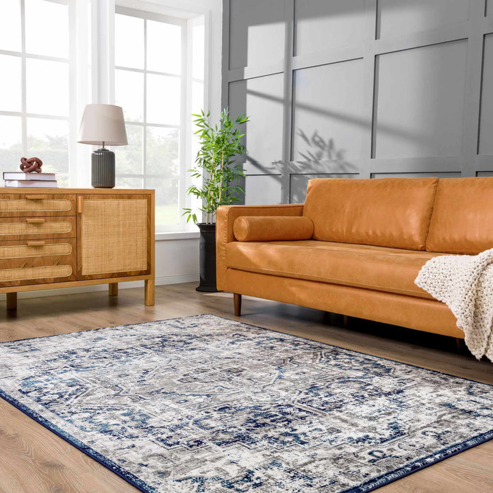 Traditional Heriz Design Blue, Gray and Ivory Jute Backing Area Rug - The Rug Decor