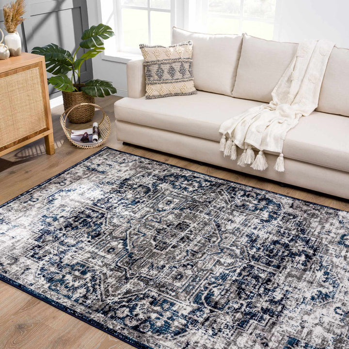 Traditional Heriz Design Blue, Gray and Ivory Jute Backing Area Rug - The Rug Decor