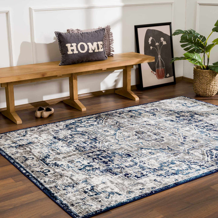 Traditional Heriz Design Blue, Gray and Ivory Jute Backing Area Rug - The Rug Decor