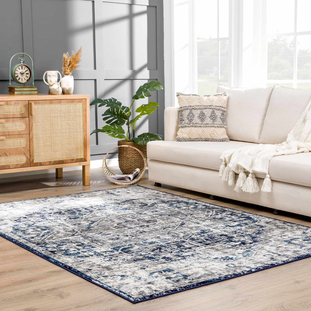 Traditional Heriz Design Blue, Gray and Ivory Jute Backing Area Rug - The Rug Decor