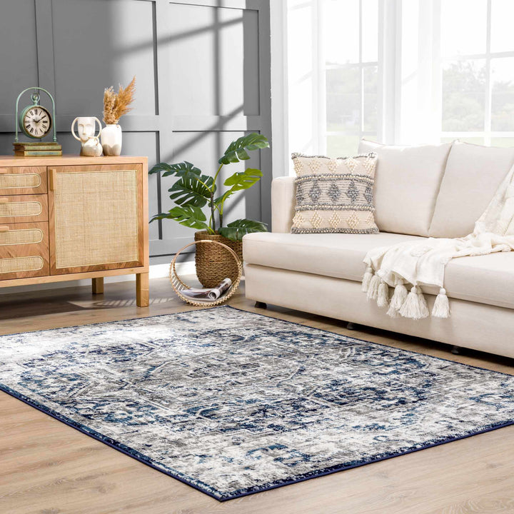Traditional Heriz Design Blue, Gray and Ivory Jute Backing Area Rug - The Rug Decor