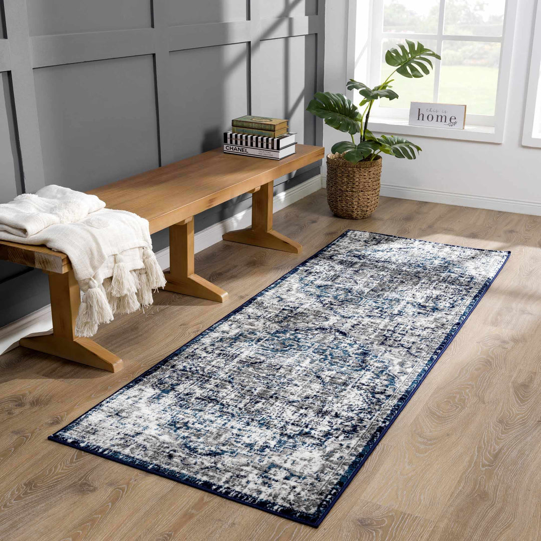 Traditional Heriz Design Blue, Gray and Ivory Jute Backing Area Rug - The Rug Decor
