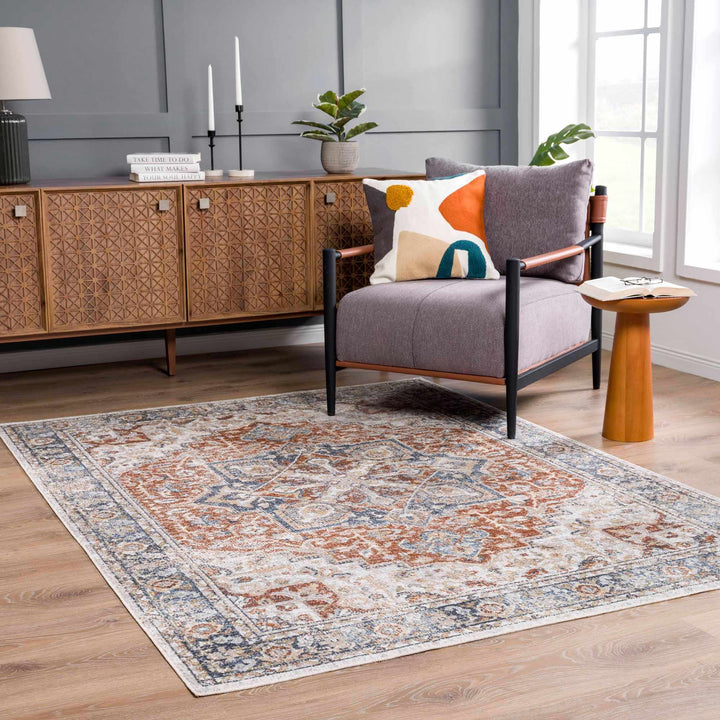 Traditional Heriz Ivory, Rust and Blue Medallion Design Low Pile Washable Area Rug - The Rug Decor