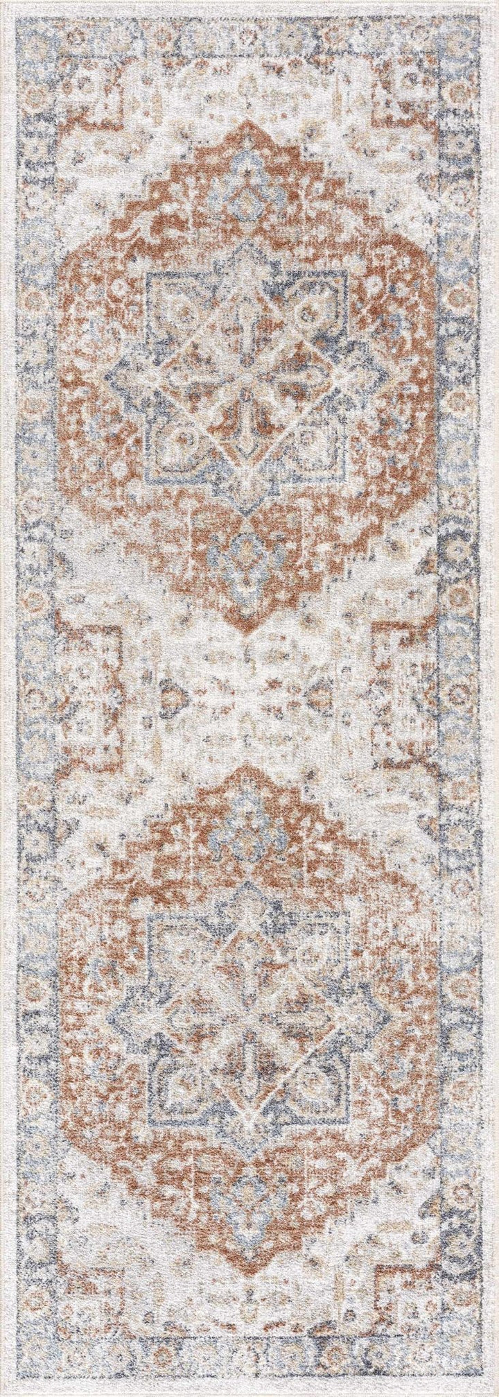 Traditional Heriz Ivory, Rust and Blue Medallion Design Low Pile Washable Area Rug - The Rug Decor