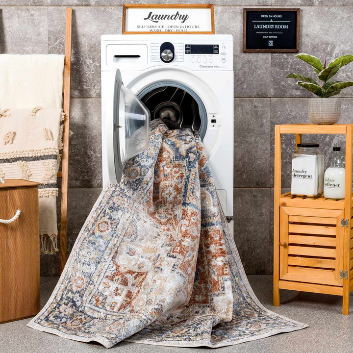 Traditional Heriz Ivory, Rust and Blue Medallion Design Low Pile Washable Area Rug - The Rug Decor