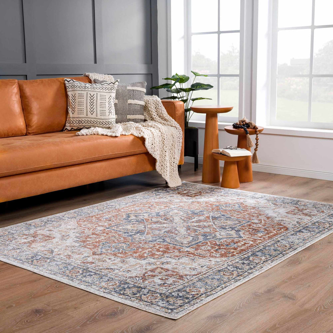 Traditional Heriz Ivory, Rust and Blue Medallion Design Low Pile Washable Area Rug - The Rug Decor