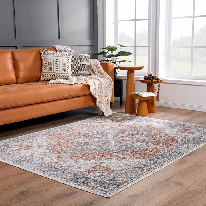 Traditional Heriz Ivory, Rust and Blue Medallion Design Low Pile Washable Area Rug - The Rug Decor