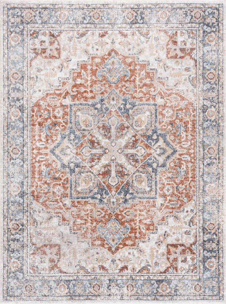 Traditional Heriz Ivory, Rust and Blue Medallion Design Low Pile Washable Area Rug - The Rug Decor
