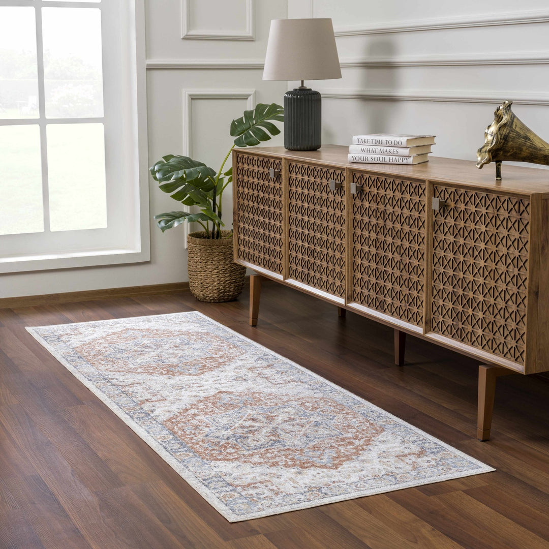 Traditional Heriz Ivory, Rust and Blue Medallion Design Low Pile Washable Area Rug - The Rug Decor