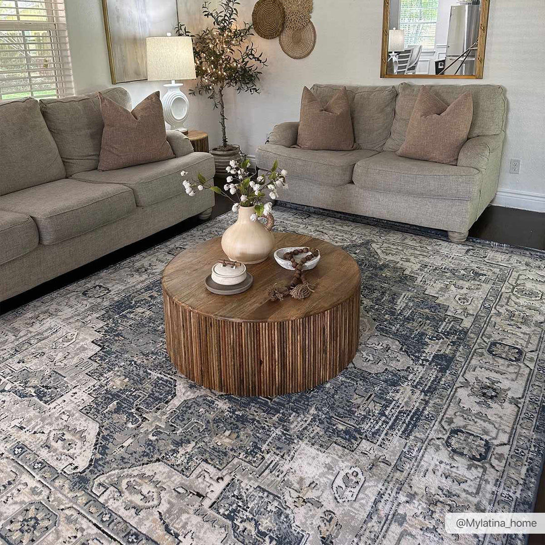 Traditional Heriz Medallion Design Blue, Ivory and Gray Medium Pile Area Rug - The Rug Decor