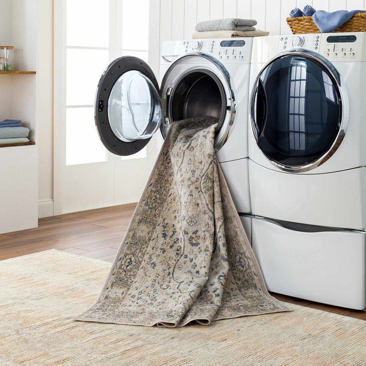 Traditional Heriz Medallion Design Silver, Gold and Charcoal Washable Area Rug - The Rug Decor