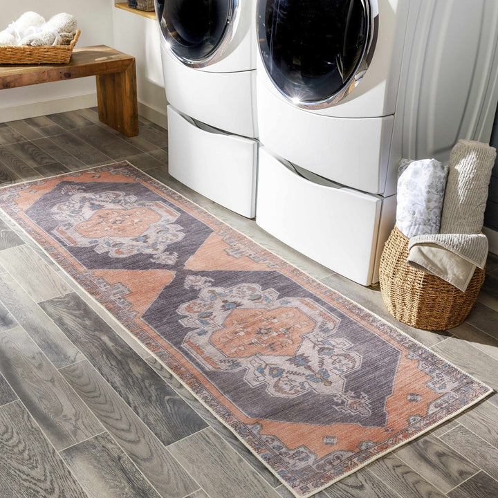 Traditional Heriz Peach, Blue, Gold and Ivory low Pile Washable Area Rug - The Rug Decor