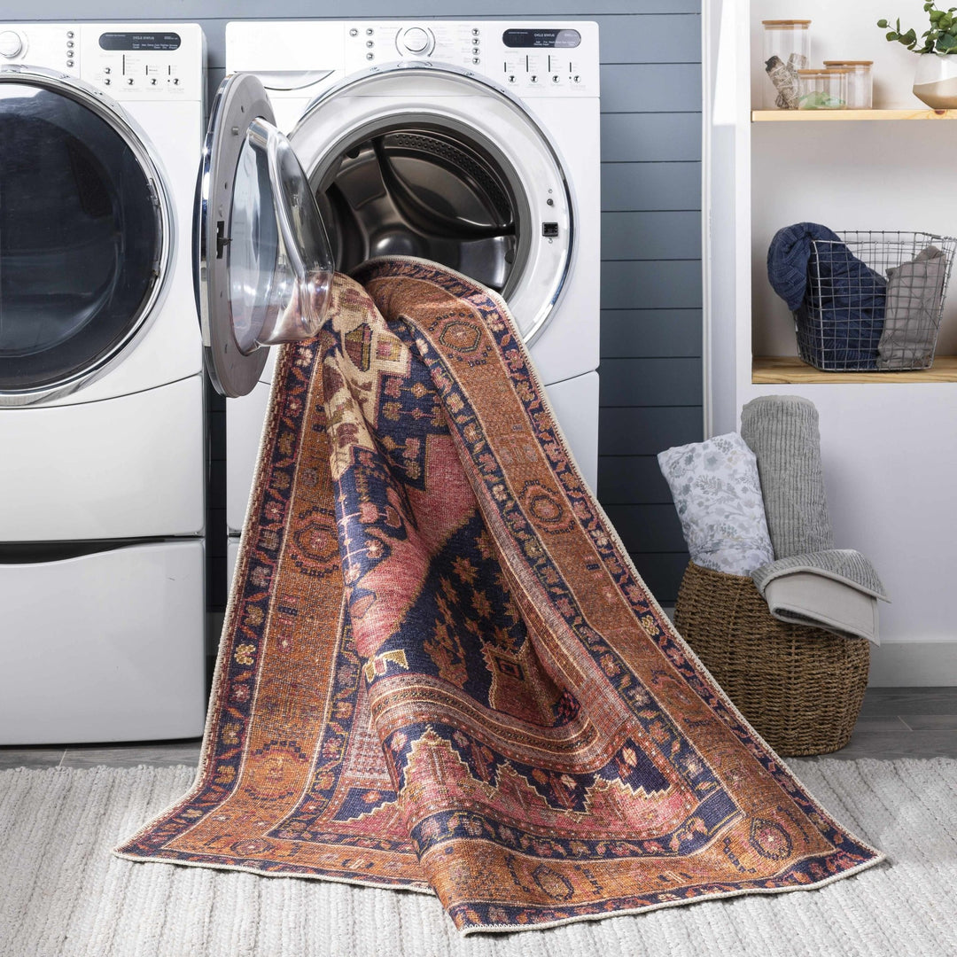 Traditional Heriz Peach, Blue, Gold and Ivory low Pile Washable Area Rug - The Rug Decor