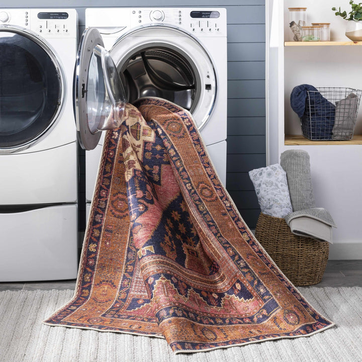 Traditional Heriz Peach, Blue, Gold and Ivory low Pile Washable Area Rug - The Rug Decor