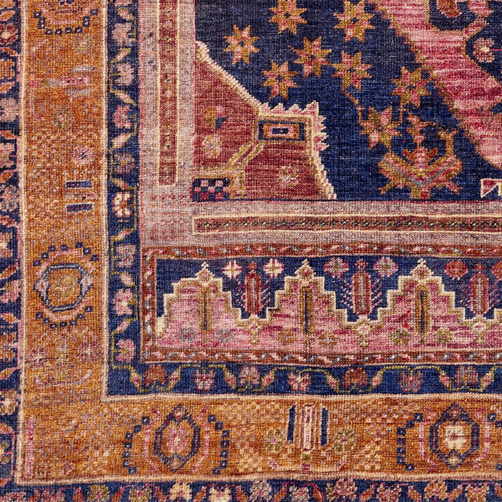Traditional Heriz Peach, Blue, Gold and Ivory low Pile Washable Area Rug - The Rug Decor