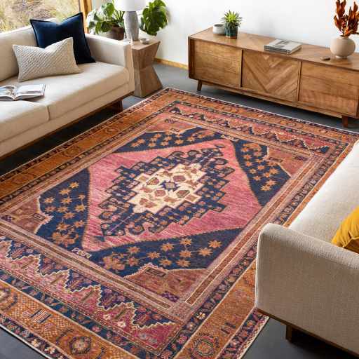 Traditional Heriz Peach, Blue, Gold and Ivory low Pile Washable Area Rug - The Rug Decor