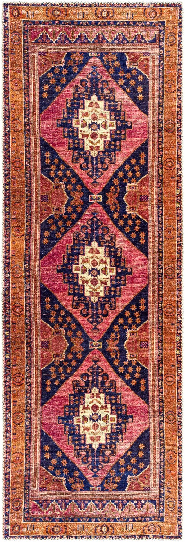 Traditional Heriz Peach, Blue, Gold and Ivory low Pile Washable Area Rug - The Rug Decor