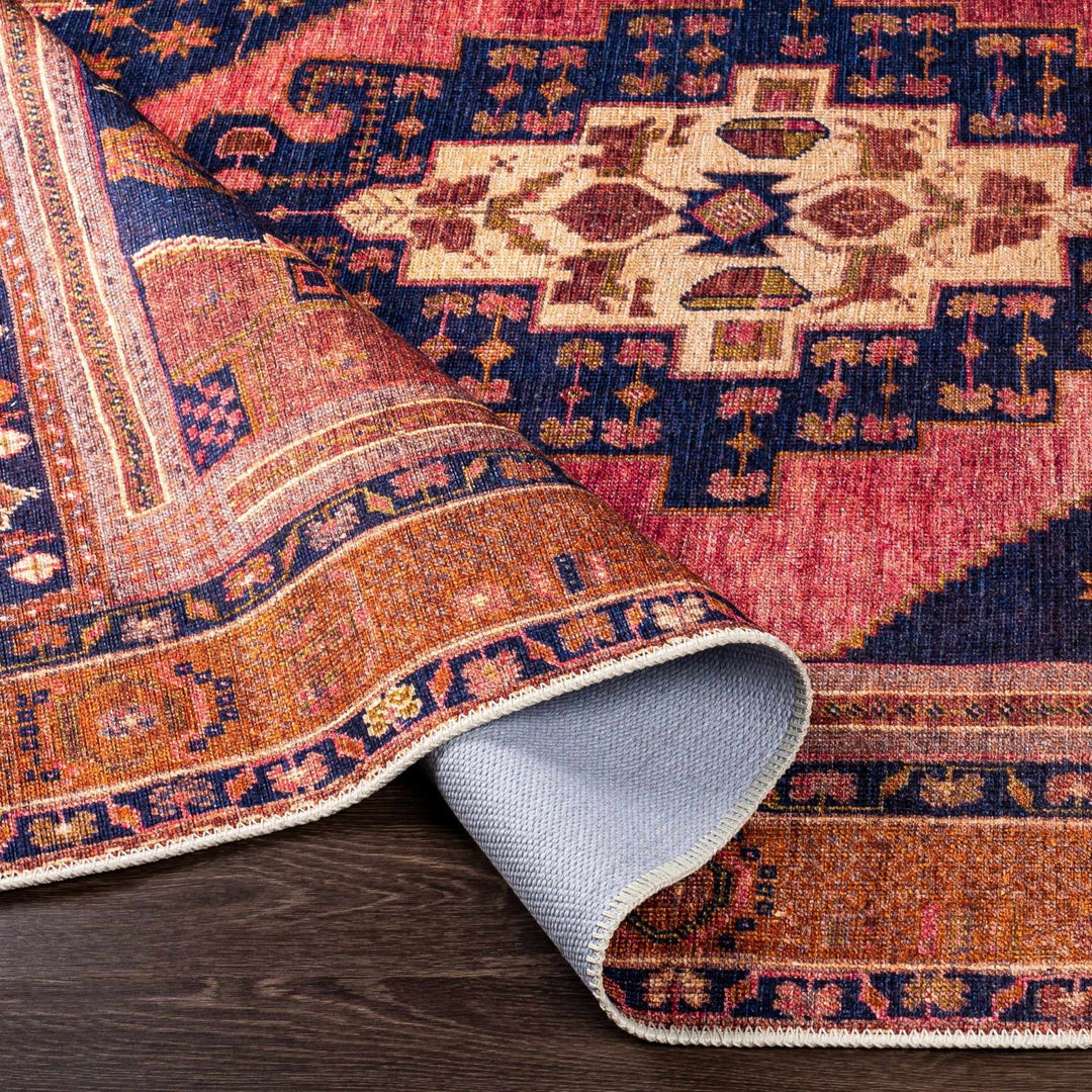 Traditional Heriz Peach, Blue, Gold and Ivory low Pile Washable Area Rug - The Rug Decor