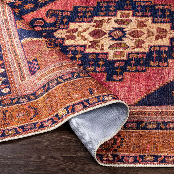 Traditional Heriz Peach, Blue, Gold and Ivory low Pile Washable Area Rug - The Rug Decor
