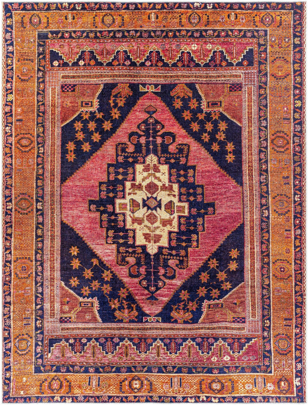 Traditional Heriz Peach, Blue, Gold and Ivory low Pile Washable Area Rug - The Rug Decor
