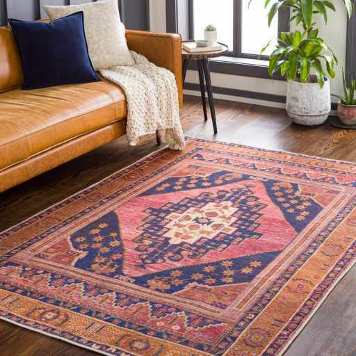 Traditional Heriz Peach, Blue, Gold and Ivory low Pile Washable Area Rug - The Rug Decor