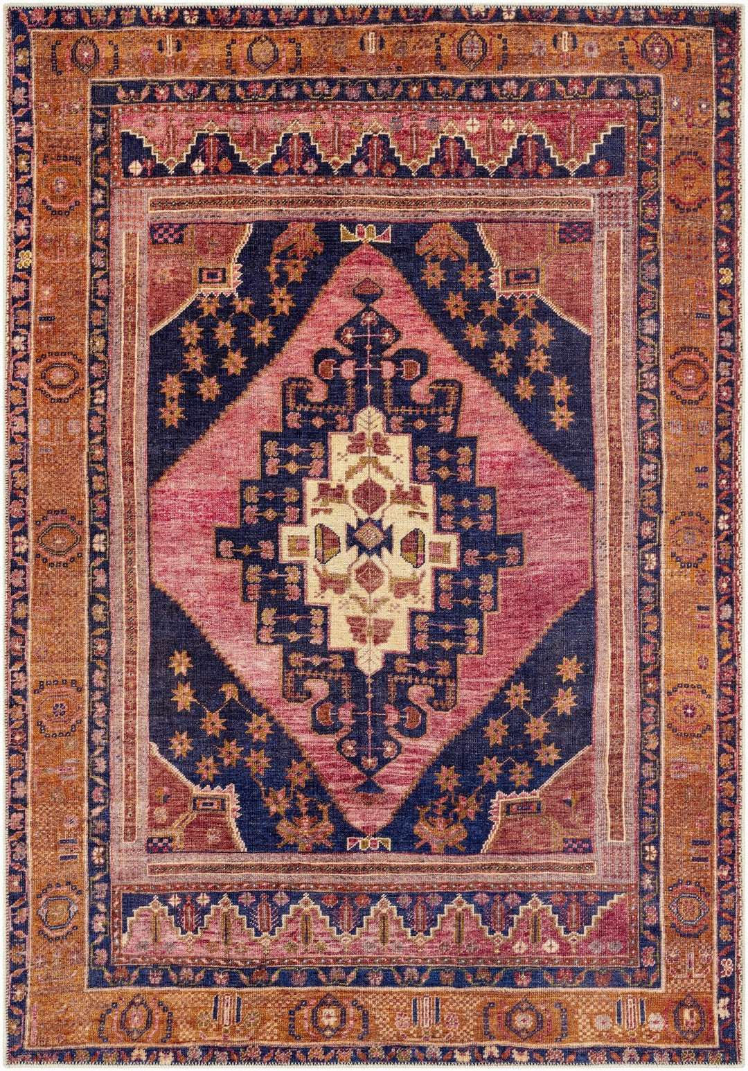 Traditional Heriz Peach, Blue, Gold and Ivory low Pile Washable Area Rug - The Rug Decor