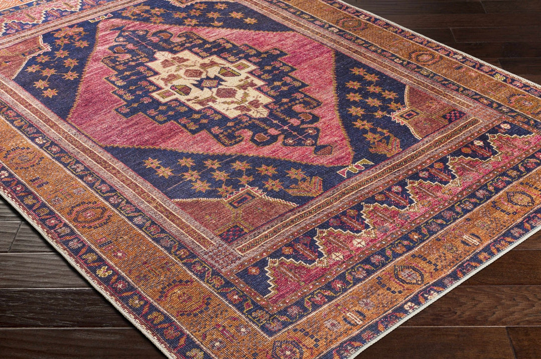 Traditional Heriz Peach, Blue, Gold and Ivory low Pile Washable Area Rug - The Rug Decor