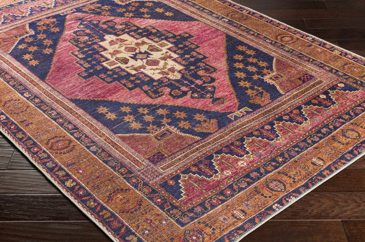Traditional Heriz Peach, Blue, Gold and Ivory low Pile Washable Area Rug - The Rug Decor