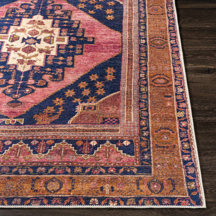 Traditional Heriz Peach, Blue, Gold and Ivory low Pile Washable Area Rug - The Rug Decor